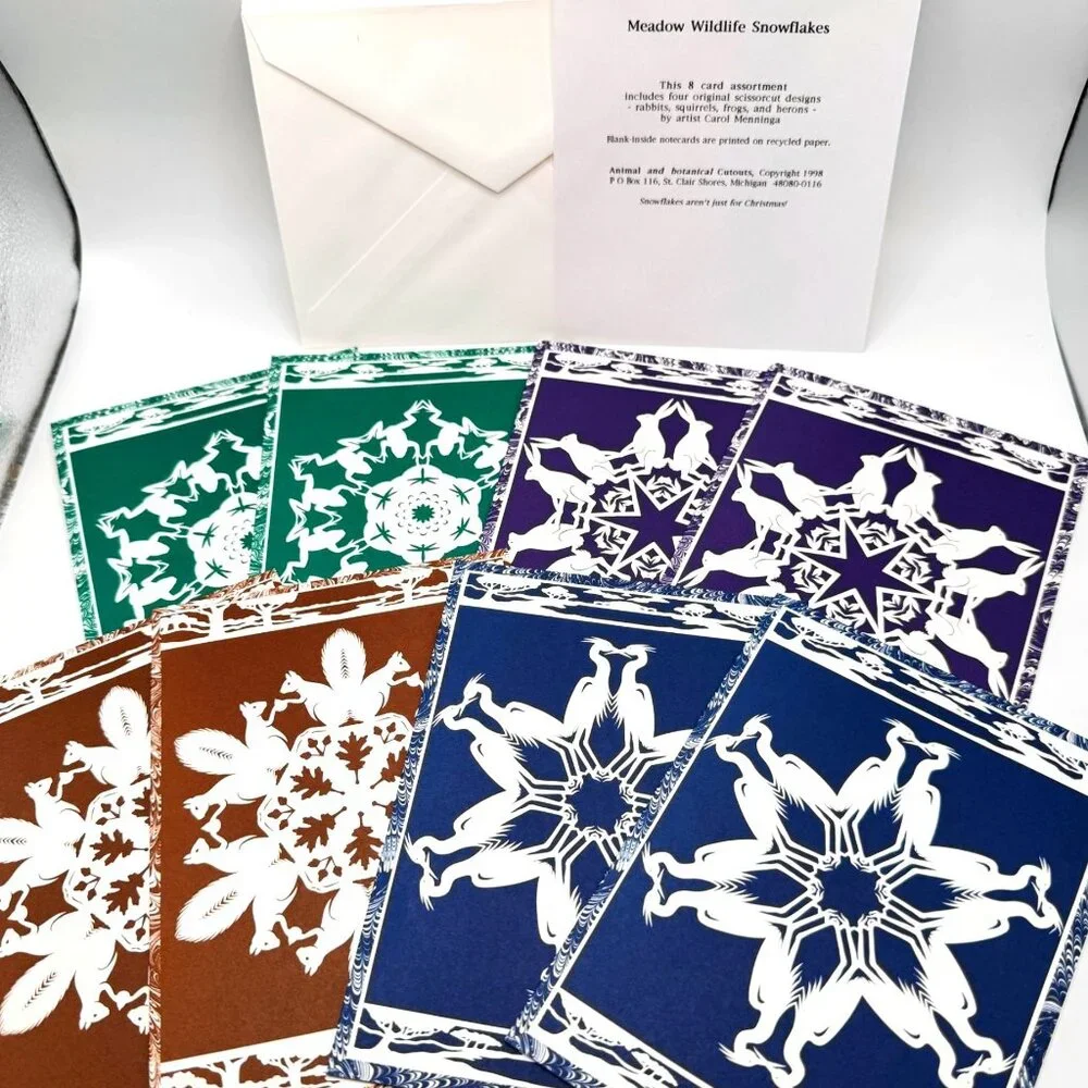 Carol Menninga 8 Blank Greeting Card Set Rabbit Squirrel Frog Heron Snowflake